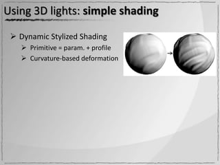 Using 3D lights: simple shading

  Dynamic Stylized Shading
    Primitive = param. + profile
    Curvature-based deformation
 