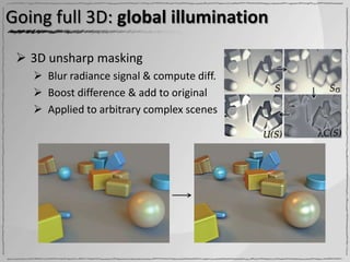 Going full 3D: global illumination

  3D unsharp masking
    Blur radiance signal & compute diff.
    Boost difference & add to original
    Applied to arbitrary complex scenes
 