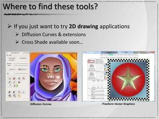 Where to find these tools?

  If you just want to try 2D drawing applications
     Diffusion Curves & extensions
     Cross Shade available soon…




          Diffusion Curves            Freeform Vector Graphics
 