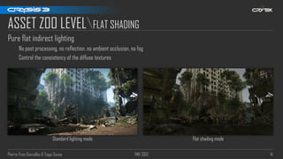 Pierre-Yves Donzallaz & Tiago Sousa FMX 2013 41
ASSET ZOO LEVELFLAT SHADING
Pure flat indirect lighting
No post processing, no reflection, no ambient occlusion, no fog
Control the consistency of the diffuse textures
Standard lighting mode Flat shading mode
 