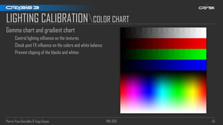 Pierre-Yves Donzallaz & Tiago Sousa FMX 2013 45
LIGHTING CALIBRATIONCOLOR CHART
Gamma chart and gradient chart
Control lighting influence on the textures
Check post FX influence on the colors and white balance
Prevent clipping of the blacks and whites
 