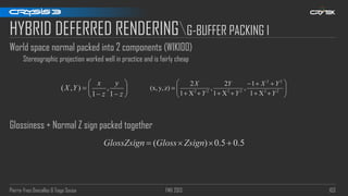 Pierre-Yves Donzallaz & Tiago Sousa FMX 2013 103
HYBRID DEFERRED RENDERINGG-BUFFER PACKING I
World space normal packed into 2 components (WIKI00)
Stereographic projection worked well in practice and is fairly cheap
Glossiness + Normal Z sign packed together
 