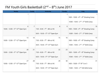 FM Youth Girls Basketball (2nd
– 8th
) June 2017
202017 ScheduleMonday Tuesday Wednesday Thursday Friday
1 2 3
9:00 – 10:00 – 4th
– 8th
Shooting Camp
10:00 – 10:45 – 2nd
- 3rd
Skills Camp
6 7 8 9 10
10:00 – 12:00 – 5th
-12th
Open Gym 7:30 – 8:30 – 7th
- 8th w/ HS
8:30 – 10:30 – 5th
-12th
Open Gym
9:00 – 10:00 – 4th
– 8th
Shooting Camp
10:00 – 10:45 – 2nd
- 3rd
Skills Camp
13 14 15 16 17
10:00 – 12:00 – 5th
-12th
Open Gym 7:30 – 8:30 – 7th
- 8th w/ HS
8:30 – 10:30 – 5th
-12th
Open Gym
9:00 – 10:00 – 4th
– 8th
Shooting Camp
10:00 – 10:45 – 2nd
- 3rd
Skills Camp
20 21 22 23 24
10:00 – 12:00 – 5th
-12th
Open Gym 7:30 – 8:30 – 7th
- 8th w/ HS
8:30 – 10:30 – 5th
-12th
Open Gym
9:00 – 10:00 – 4th
– 8th
Shooting Camp
10:00 – 10:45 – 2nd
- 3rd
Skills Camp
27 28 29 30 31
10:00 – 12:00 – 5th
-12th
Open Gym 7:30 – 8:30 – 7th
- 8th w/ HS
8:30 – 10:30 – 5th
-12th
Open Gym
9:00 – 10:00 – 5th
-8th
3 on 3
10:00 – 10:45 – 2nd
-4th Skills Camp
 