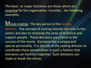 Functional Organisation StructureFunctional organisation structure is the which where “authority rests with the functional heads; the structure is sectioned by departmental groups.”                                                                                                                 -Teams in Engineering Education 						 Arizona UniversityIt is a  kind of Formal Organisation whose structure is based on organising resources to perform specialized tasks or activities in order to attain the goals of organisation.