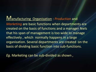 This structure emerges from the idea that the organisation must perform certain functions in order to carry on it’s operations.Functional structure is created by grouping the activities on the basis of functions required for the achievement of organisational objectives. For this purpose all the functions required are classified as shown below:-