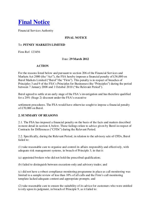 Advisory Notice Template Fsa Fca Final Notice Exle Advisory Notice Template Fsa Fca Final Notice Exle