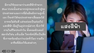 BACK NEXTMENU
มีงานวิจัยออกมาว่าแสงสีฟ้าจําพวก
Blue-Violeนั้นสามารถพุ่งทะลวงเข้าสู่จอ
ประสาทตาและการที่มันมีพลังงานสูงนี้
เอง ก็จะทําให้จอประสาทตาเสื่อมลงได้
อาจจะไม่ทันที แต่จะค่อยเป็นค่อยไป
แสงสีฟ้า มีอยู่ในอุปกรณ์ต่างๆ ที่เราใช้
งานในชีวิตประจําวัน ทั้งคอมพิวเตอร์
สมาร์ทโฟน แท็บเล็ต โทรทัศน์ซึ่งเป็นสิ่ง
ที่เราจดจ้องมันกว่าแปดชั่วโมง รวมถึง
อาชีพที่ต้องใช้แสงต่างๆ
https://women.kapook.com/view210012.html
แสงสีฟ้า
 