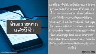 BACK NEXTMENU
แสงที่มองเห็นได้และมีพลังงานสูง ไม่อาจ
ถูกบดบังด้วยตัวกรองทางสรีรวิทยา เช่น
นาตา กระจกตา แก้วตา นาหล่อเลี้ยงตา
แสงสีฟ้าจึงสามารถเดินทางเข้าถึงจอ
ประสาทตาได้ และไปกระตุ้นให้เกิดอนุมูล
อิสระทําลายเซลล์จอประสาทตา จากการ
ศึกษาบ่งชี้ว่า ความสามารถของดวงตาที่จะ
จัดการกับอนุมูลอิสระ และกระบวนการ
Oxidative Stress ลดลงตามอายุที่เพิ่มขึ้น
จึงมีความเสี่ยงต่อการเกิดโรคจอประสาท
ตาเสื่อม
http://www.pikool.com
อันตรายจาก
แสงสีฟ้า
 