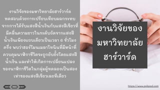 งานวิจัยของมหาวิทยาลัยฮาร์วาร์ด
ทดสอบด้วยการเปรียบเทียบผลกระทบ
จากการได้รับแสงสีนาเงินกับแสงสีเขียวที่
มีคลื่นความยาวในระดับถัดจากแสงสี
นาเงินเพียงแถบเดียวเป็นเวลา 6 ชั่วโมง
ครึ่ง พบว่าฮอร์โมนเมลาโทนินที่มีหน้าที่
ควบคุมนาฬิกาชีวิตจะถูกยับยั้งโดยแสงสี
นาเงิน และทําให้เกิดการเปลี่ยนแปลง
ของนาฬิกาชีวิตในกลุ่มผู้ทดลองเป็นสอง
เท่าของแสงสีเขียวเลยทีเดียว
BACK MENU NEXT https://www.pobpad.com
งานวิจัยของ
มหาวิทยาลัย
ฮาร์วาร์ด
 