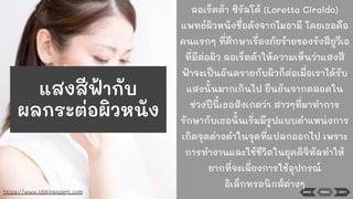 BACK NEXTMENU
ลอเร็ตต้า ซิรัลโด้ (Loretta Ciraldo)
แพทย์ผิวหนังชื่อดังจากไมอามี โดยเธอคือ
คนแรกๆ ที่ศึกษาเรื่องภัยร้ายของรังสียูวีเอ
ที่มีต่อผิว ลอเร็ตต้าให้ความเห็นว่าแสงสี
ฟ้าจะเป็นอันตรายกับผิวก็ต่อเมื่อเราได้รับ
แสงนั้นมากเกินไป ยืนยันจากตลอดใน
ช่วงปีนี้เธอสังเกตว่า สาวๆที่มาทําการ
รักษากับเธอนั้นเริ่มมีรูปแบบตําแหน่งการ
เกิดจุดด่างดําในจุดที่แปลกออกไป เพราะ
การทํางานและใช้ชีวิตในยุคดิจิทัลทําให้
ยากที่จะเลี่ยงการใช้อุปกรณ์
อิเล็กทรอนิกส์ต่างๆ
https://www.idskinexpert.com
แสงสีฟ้ากับ
ผลกระต่อผิวหนัง
 