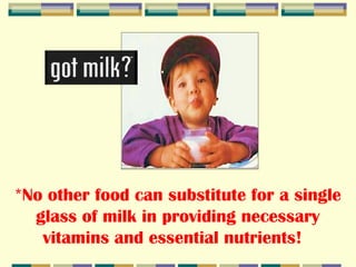 *No other food can substitute for a single
glass of milk in providing necessary
vitamins and essential nutrients!

 