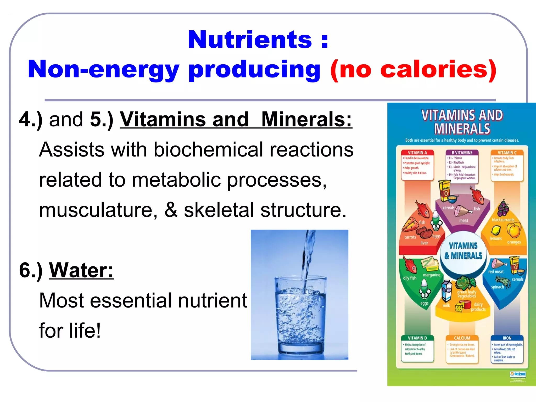 Nutrients :
Non-energy producing (no calories)
4.) and 5.) Vitamins and Minerals:
Assists with biochemical reactions
related to metabolic processes,
musculature, & skeletal structure.
6.) Water:
Most essential nutrient
for life!

 