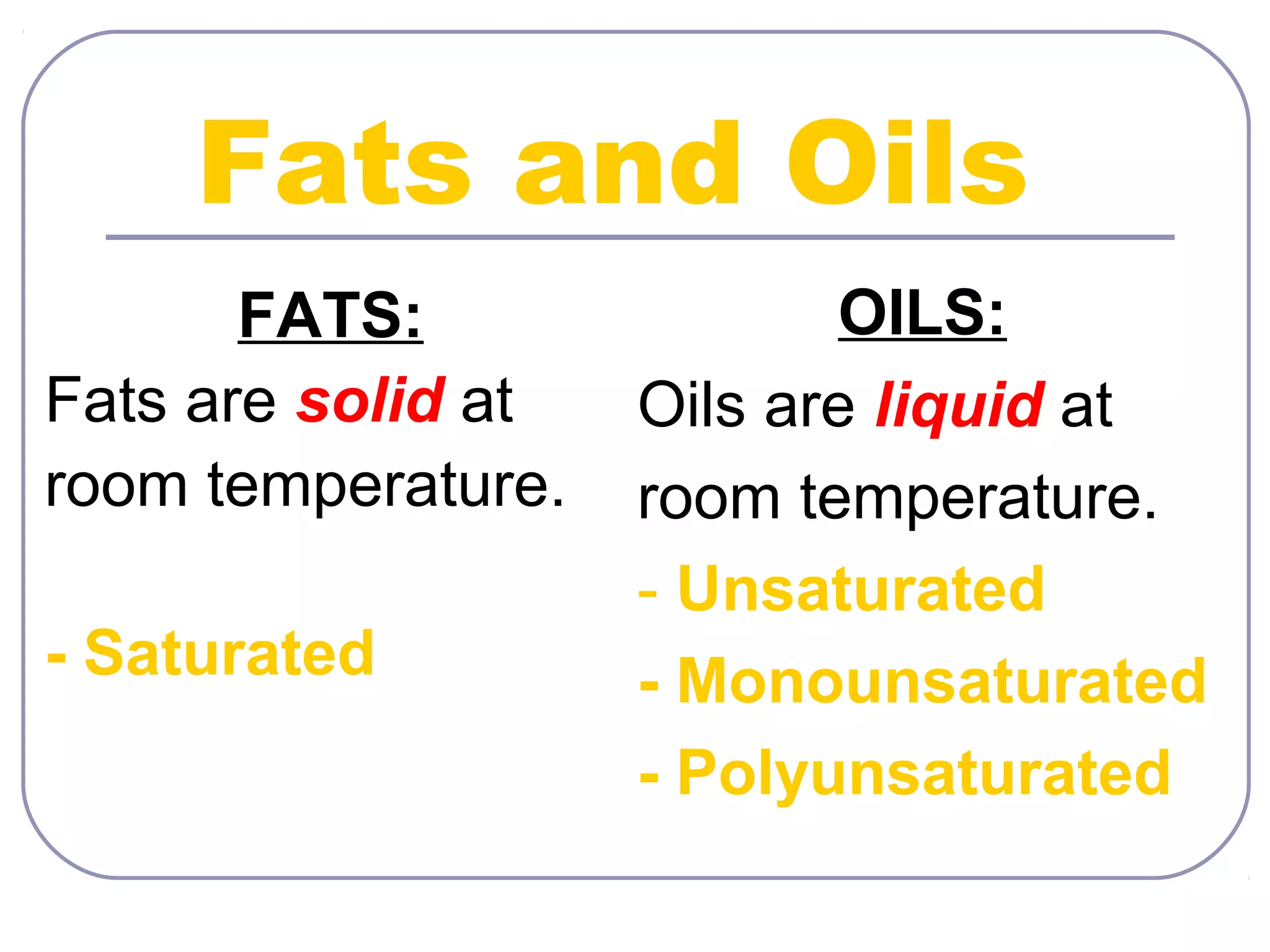 Fats and Oils
FATS:
Fats are solid at
room temperature.
- Saturated

OILS:
Oils are liquid at
room temperature.
- Unsaturated
- Monounsaturated
- Polyunsaturated

 