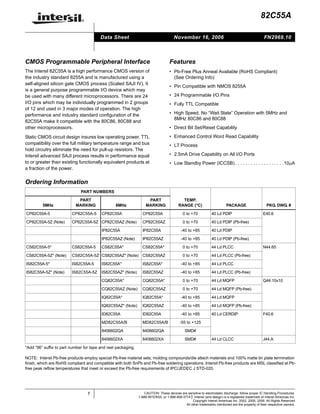 ®
                                                                                                                                                   82C55A

                                         Data Sheet                                    November 16, 2006                                             FN2969.10



CMOS Programmable Peripheral Interface                                              Features
The Intersil 82C55A is a high performance CMOS version of                           • Pb-Free Plus Anneal Available (RoHS Compliant)
the industry standard 8255A and is manufactured using a                               (See Ordering Info)
self-aligned silicon gate CMOS process (Scaled SAJI IV). It
                                                                                    • Pin Compatible with NMOS 8255A
is a general purpose programmable I/O device which may
be used with many different microprocessors. There are 24                           • 24 Programmable I/O Pins
I/O pins which may be individually programmed in 2 groups                           • Fully TTL Compatible
of 12 and used in 3 major modes of operation. The high
performance and industry standard configuration of the                              • High Speed, No “Wait State” Operation with 5MHz and
                                                                                      8MHz 80C86 and 80C88
82C55A make it compatible with the 80C86, 80C88 and
other microprocessors.                                                              • Direct Bit Set/Reset Capability
Static CMOS circuit design insures low operating power. TTL                         • Enhanced Control Word Read Capability
compatibility over the full military temperature range and bus                      • L7 Process
hold circuitry eliminate the need for pull-up resistors. The
Intersil advanced SAJI process results in performance equal                         • 2.5mA Drive Capability on All I/O Ports
to or greater than existing functionally equivalent products at                     • Low Standby Power (ICCSB) . . . . . . . . . . . . . . . . . . .10μA
a fraction of the power.


Ordering Information
                              PART NUMBERS
                            PART                                     PART                   TEMP.
         5MHz              MARKING               8MHz               MARKING               RANGE (°C)                       PACKAGE                     PKG. DWG. #

CP82C55A-5               CP82C55A-5      CP82C55A                CP82C55A                    0 to +70            40 Ld PDIP                         E40.6
CP82C55A-5Z (Note)       CP82C55A-5Z CP82C55AZ (Note)            CP82C55AZ                   0 to +70            40 Ld PDIP (Pb-free)

                                         IP82C55A                IP82C55A                   -40 to +85           40 Ld PDIP

                                         IP82C55AZ (Note)        IP82C55AZ                  -40 to +85           40 Ld PDIP (Pb-free)

CS82C55A-5*              CS82C55A-5      CS82C55A*               CS82C55A*                   0 to +70            44 Ld PLCC                         N44.65

CS82C55A-5Z* (Note)      CS82C55A-5Z CS82C55AZ* (Note) CS82C55AZ                             0 to +70            44 Ld PLCC (Pb-free)

IS82C55A-5*              IS82C55A-5      IS82C55A*               IS82C55A*                  -40 to +85           44 Ld PLCC

IS82C55A-5Z* (Note)      IS82C55A-5Z     IS82C55AZ* (Note)       IS82C55AZ                  -40 to +85           44 Ld PLCC (Pb-free)

                                         CQ82C55A*               CQ82C55A*                   0 to +70            44 Ld MQFP                         Q44.10x10

                                         CQ82C55AZ (Note)        CQ82C55AZ                   0 to +70            44 Ld MQFP (Pb-free)

                                         IQ82C55A*               IQ82C55A*                  -40 to +85           44 Ld MQFP

                                         IQ82C55AZ* (Note)       IQ82C55AZ                  -40 to +85           44 Ld MQFP (Pb-free)

                                         ID82C55A                ID82C55A                   -40 to +85           40 Ld CERDIP                       F40.6

                                         MD82C55A/B              MD82C55A/B                -55 to +125

                                         8406602QA               8406602QA                    SMD#

                                         8406602XA               8406602XA                    SMD#               44 Ld CLCC                         J44.A

*Add “96” suffix to part number for tape and reel packaging.

NOTE: Intersil Pb-free products employ special Pb-free material sets; molding compounds/die attach materials and 100% matte tin plate termination
finish, which are RoHS compliant and compatible with both SnPb and Pb-free soldering operations. Intersil Pb-free products are MSL classified at Pb-
free peak reflow temperatures that meet or exceed the Pb-free requirements of IPC/JEDEC J STD-020.




                                  1                                CAUTION: These devices are sensitive to electrostatic discharge; follow proper IC Handling Procedures.
                                                               1-888-INTERSIL or 1-888-468-3774 | Intersil (and design) is a registered trademark of Intersil Americas Inc.
                                                                                                  Copyright Intersil Americas Inc. 2002, 2005, 2006. All Rights Reserved
                                                                                             All other trademarks mentioned are the property of their respective owners.
 