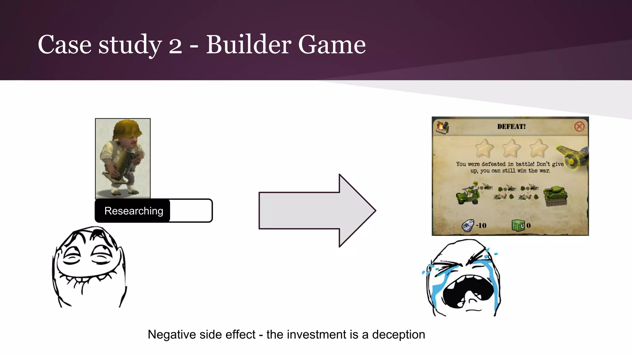 Case study 2 - Builder Game
Researching
Negative side effect - the investment is a deception
 
