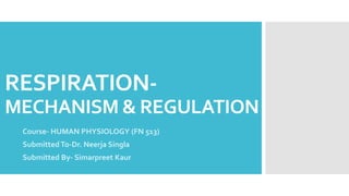 RESPIRATION-
MECHANISM & REGULATION
Course- HUMAN PHYSIOLOGY (FN 513)
Submitted To-Dr. Neerja Singla
Submitted By- Simarpreet Kaur
 