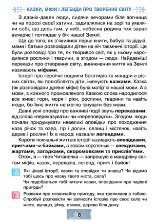 КАЗКИ, МІФИ І ЛЕГЕНДИ ПРО ТВОРЕННЯ СВІТУ
З давніх-давен люди, сидячи вечорами біля вогнища
чи на порозі своєї хатини, задивлялися на зорі та уявля­
ли собі, що десь там, у небі, небесна родина теж зараз
вечеряє і поглядає у бік нашої Землі.
Ще до того, як з’явилися перші книги, бабусі та дідусі,
мами і батьки розповідали дітям на ніч таємничі історії. Це
були розповіді про те, як творився світ, як у ньому наро­
дилися рослини і тварини, а згодом — люди. Найдавніші
перекази про створення світу, виникнення життя на Землі
називають міфами.
Історії про героїчні подвиги богатирів та мандри в різ­
них світах, які полюбляють діти, іменують казками. Казка
(як розповідали древні міфи) була матір’ю нашої мови. А з
мови, з кожного промовленого Казкою слова народилося
все живе: гори, моря і ріки, рослини, тварини та навіть
люди, бо їхнє життя не могло існувати без мови.
Давні усні оповіді про важливі події звуть переказами:
від слова «переказувати» чи «переповідати». Згодом люди
почали придумувати невеликі оповідки про походження
назв річок та озер, гір і долин, селищ і містечок, навіть
дерев і рослин! Тх в народі назвали легендами.
Короткі повчальні життєві історії називають оповідками,
притчами чи байками, а зовсім коротенькі — анекдотами,
жартами, загадками, скоромовками та прислів’ями.
Отож, я — твоя Читаночка — запрошую в мандрівку сві­
том міфів, казок, переказів, легенд, притч і байок!
[ Е
Які цікаві історії, казки та оповідки ти знаєш? Чи відомо
тобі щось про назву твого міста, села?
Чи подобається тобі читати казки, оповідання про чарівні
пригоди?
Розкажи про незвичайну пригоду, яка трапилася з тобою.
Спробуй розповісти чи записати історію про своє село чи
місто, вулицю, річку, ставок, дерево біля дому.
8
 