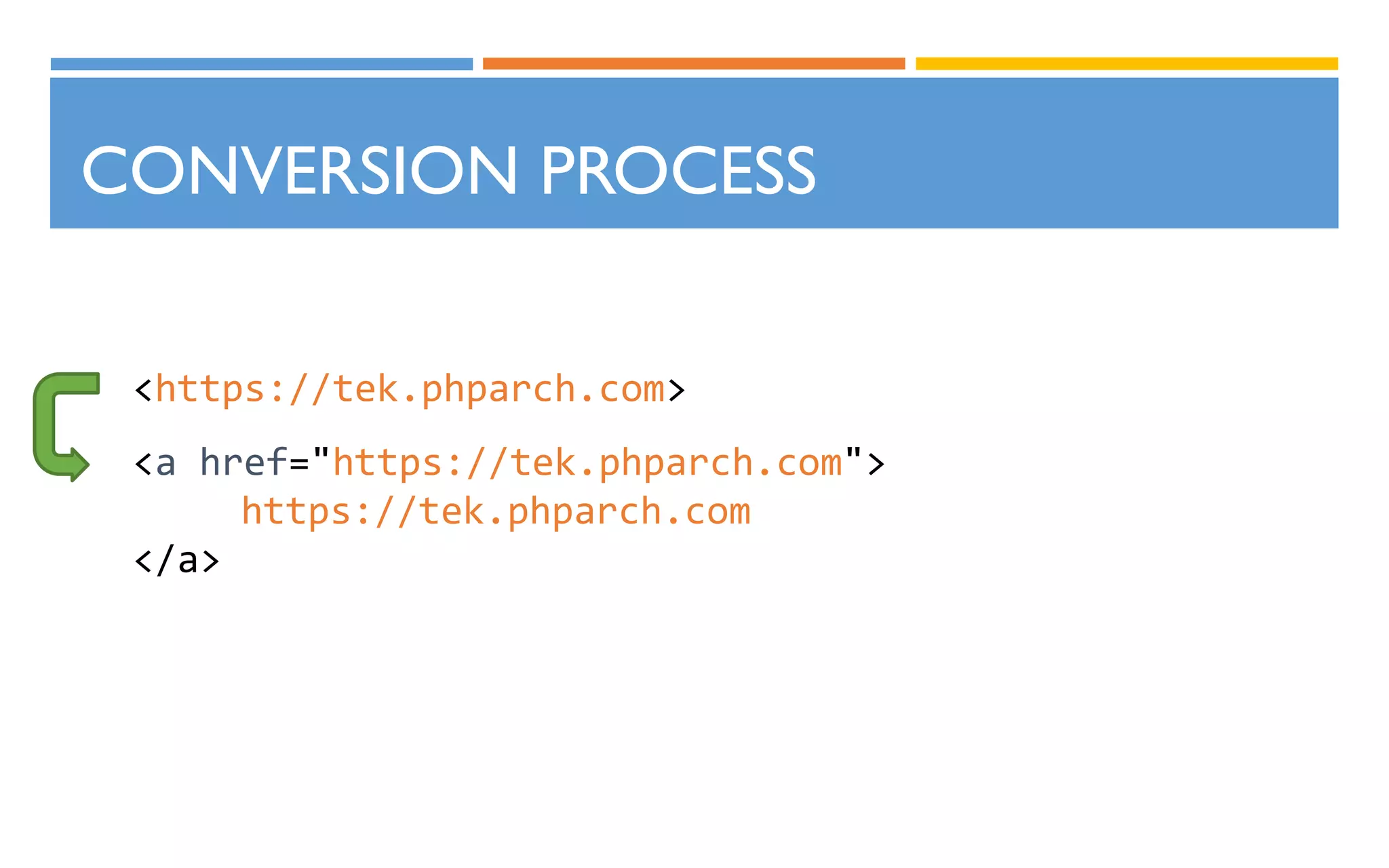 CONVERSION PROCESS
<https://tek.phparch.com>
<a href="https://tek.phparch.com">
https://tek.phparch.com
</a>
 