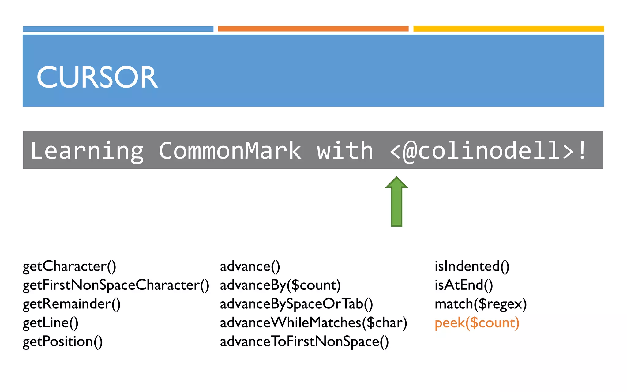 CURSOR
Learning CommonMark with <@colinodell>!
getCharacter()
getFirstNonSpaceCharacter()
getRemainder()
getLine()
getPosition()
advance()
advanceBy($count)
advanceBySpaceOrTab()
advanceWhileMatches($char)
advanceToFirstNonSpace()
isIndented()
isAtEnd()
match($regex)
peek($count)
 