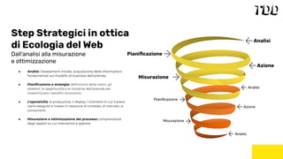 ● Analisi: l’assessment iniziale, acquisizione delle informazioni
fondamentali sul modello di business dell’azienda.
● Pianiﬁcazione e strategia: deﬁnizione della vision, gli
obiettivi, le opportunità e le iniziative dell'azienda per
massimizzare i beneﬁci economici.
● L’operatività: la produzione, il deploy. I momenti in cui il piano
viene eseguito e messo in relazione al contesto, al mercato, ai
concorrenti.
● Misurazione e ottimizzazione del processo: comprensione
degli aspetti su cui intervenire e operare.
Step Strategici in ottica
di Ecologia del Web
Dall’analisi alla misurazione
e ottimizzazione
 