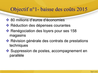 Objectif n°1- baisse des coûts 2015
 80 millions d’euros d’économies
 Réduction des dépenses courantes
 Renégociation des loyers pour ses 158
magasins
 Révision générale des contrats de prestations
techniques
 Suppression de postes, accompagnement en
parallèle
 