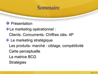 Sommaire
 Présentation
Le marketing opérationnel :
Clients. Concurrents. Chiffres clés. 4P
 Le marketing stratégique
Les produits- marché : ciblage, compétitivité
Carte perceptuelle
La matrice BCG
Stratégies
 