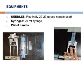 EQUIPMENTS
1. NEEDLES: Routinely 22-23 gauge needle used.
2. Syringes: 20 ml syringe
3. Pistol handle
 