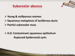 Subareolar abscess
 Young & nulliparous women
 Squamous metaplasia of lactiferous ducts
 Painful subareolar mass

 D.D: Contaminant squamous epithelium
Ruptured Epidermoid cysts

Copyright © Wondershare Software

 