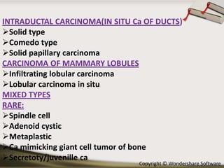 INTRADUCTAL CARCINOMA(IN SITU Ca OF DUCTS)
Solid type
Comedo type
Solid papillary carcinoma
CARCINOMA OF MAMMARY LOBULES
Infiltrating lobular carcinoma
Lobular carcinoma in situ
MIXED TYPES
RARE:
Spindle cell
Adenoid cystic
Metaplastic
Ca mimicking giant cell tumor of bone
Secretoty/juvenille ca

Copyright © Wondershare Software

 