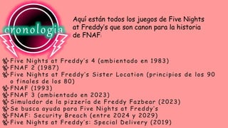cronologia
✨Five Nights at Freddy’s 4 (ambientado en 1983)
✨FNAF 2 (1987)
✨Five Nights at Freddy’s Sister Location (princi...