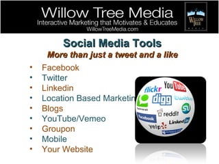Facebook Twitter Linkedin Location Based Marketing Blogs YouTube/Vemeo Groupon Mobile Your Website Social Media Tools More than just a tweet and a like 