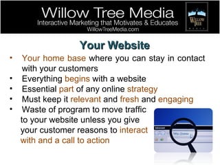 Your Website Your home base  where you can stay in contact with your customers Everything  begins  with a website Essential  part  of any online  strategy Must keep it  relevant  and  fresh  and  engaging Waste of program to move traffic  to your website unless you give  your customer reasons to  interact with and a call to action 