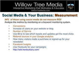 Social Media & Your Business:  Measurement 84%  of those using social media do not measure ROI! Analyze the metrics by monitoring on a keyword monitoring system. Conversions Increase of users on your website or blog Number of Opt-ins Use Bit.ly to see which tweets and updates got the most clicks Referral sources in your Google analytics How many visitors made a purchase or signed-up for your newsletter Facebook Insights Use Hootsuite for your campaigns http://wiki.kenburbary.com/ 