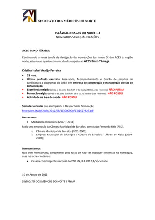 SINDICATO DOS MÉDICOS DO NORTE


                              ESCÂNDALO NA ARS DO NORTE – 4
                               NOMEADOS SEM QUALIFICAÇÕES



ACES BAIXO TÂMEGA

Continuando a nossa tarefa de divulgação das nomeações dos novos DE dos ACES da região
norte, este nosso quarto comunicado diz respeito ao ACES Baixo Tâmega.


Cristina Isabel Araújo Ferreira
   33 anos.
   Última profissão exercida: Assessoria, Acompanhamento e Gestão de projetos de
    candidatura a programas do QREN em empresa de conservação e manutenção de vias de
    comunicação.
   Experiência exigida (alinea a) do ponto 2 do Art.º 19 do DL 28/2008 de 22 de Fevereiro): NÃO POSSUI
   Formação exigida (alinea b) do ponto 2 do Art.º 19 do DL 28/2008 de 22 de Fevereiro): NÃO POSSUI
   Actividade na área da saúde: NÃO POSSUI


Súmula curricular que acompanha o Despacho de Nomeação:
http://dre.pt/pdf2sdip/2012/08/153000000/2782527826.pdf

Destacamos:
       Mediadora Imobiliária (2007 – 2011)
Mais uma emanação da Câmara Municipal de Barcelos, consulado Fernando Reis (PSD).
        o   Câmara Municipal de Barcelos (2001-2003)
        o   Empresa Municipal de Educação e Cultura de Barcelos – Abade do Neiva (2004-
            2007);


Acrescentamos:
Não vem mencionado, certamente pelo facto de não ter qualquer influência na nomeação,
mas nós acrescentamos:
       Casada com dirigente nacional do PSD (JN, 8.8.2012, 8/Sociedade)



10 de Agosto de 2012

SINDICATO DOS MÉDICOS DO NORTE / FNAM
 