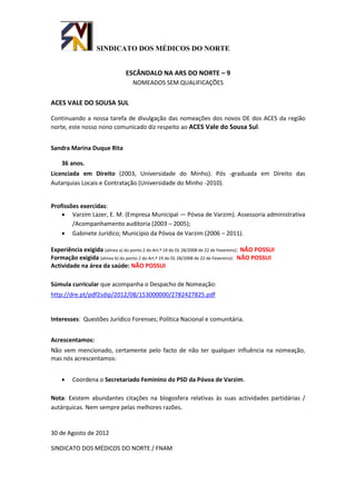 SINDICATO DOS MÉDICOS DO NORTE


                                 ESCÂNDALO NA ARS DO NORTE – 9
                                    NOMEADOS SEM QUALIFICAÇÕES


ACES VALE DO SOUSA SUL

Continuando a nossa tarefa de divulgação das nomeações dos novos DE dos ACES da região
norte, este nosso nono comunicado diz respeito ao ACES Vale do Sousa Sul.


Sandra Marina Duque Rita

    36 anos.
Licenciada em Direito (2003, Universidade do Minho). Pós -graduada em Direito das
Autarquias Locais e Contratação (Universidade do Minho -2010).


Profissões exercidas:
     Varzim Lazer, E. M. (Empresa Municipal — Póvoa de Varzim). Assessoria administrativa
        /Acompanhamento auditoria (2003 – 2005);
     Gabinete Jurídico; Município da Póvoa de Varzim (2006 – 2011).

Experiência exigida (alinea a) do ponto 2 do Art.º 19 do DL 28/2008 de 22 de Fevereiro): NÃO POSSUI
Formação exigida (alinea b) do ponto 2 do Art.º 19 do DL 28/2008 de 22 de Fevereiro): NÃO POSSUI
Actividade na área da saúde: NÃO POSSUI

Súmula curricular que acompanha o Despacho de Nomeação:
http://dre.pt/pdf2sdip/2012/08/153000000/2782427825.pdf


Interesses: Questões Jurídico Forenses; Política Nacional e comunitária.


Acrescentamos:
Não vem mencionado, certamente pelo facto de não ter qualquer influência na nomeação,
mas nós acrescentamos:


        Coordena o Secretariado Feminino do PSD da Póvoa de Varzim.

Nota: Existem abundantes citações na blogosfera relativas às suas actividades partidárias /
autárquicas. Nem sempre pelas melhores razões.


30 de Agosto de 2012

SINDICATO DOS MÉDICOS DO NORTE / FNAM
 