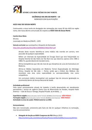 SINDICATO DOS MÉDICOS DO NORTE

                                ESCÂNDALO NA ARS DO NORTE – 10
                                    NOMEADOS SEM QUALIFICAÇÕES


ACES VALE DO SOUSA NORTE

Continuando a nossa tarefa de divulgação das nomeações dos novos DE dos ACES da região
norte, este nosso décimo comunicado diz respeito ao ACES Vale do Sousa Norte.


Camilo Alves Mota
60 anos
Licenciado em Medicina (FMUP) – 1979

Súmula curricular que acompanha o Despacho de Nomeação:
http://dre.pt/pdf2sdip/2012/08/153000000/2782627827.pdf

         Através deste resumo identifica-se como médico não inserido em carreira, nem
         possuidor de qualquer especialidade.
         Refere um Internato da Especialidade de Cirurgia Geral que terá frequentado no
         Hospital Distrital de São Pedro de Vila Real mas que decorreu apenas entre 1985 e
         1986 (!?), quando deveria ter durado 6 anos.
         Afirma Competências que não são mais do que disciplinas do curso de licenciatura em
         Medicina.
         Afirma-se Médico Especialista em Medicina Termal (Especialização de Hidrologia
         Clínica; Hospital de São João — Porto), sendo que a Ordem dos Médicos não
         reconhece esta área como especialidade ou sub-especialidade, mas como
         competência.
         Um curriculum médico incompatível com qualquer tipo de concurso (graduação ou
         provimento) dentro do Serviço Nacional de Saúde.

Actividade profissional:
Feita quase exclusivamente através de trabalho à tarefa desenvolvido em atendimento
permanente / serviço de urgência (Santa Casa da Misericórdia de Paredes, Hospital Padre
Américo — Vale do Sousa e Tâmega, Hospital Privado da Arrábida, …).

Experiência exigida (alinea a) do ponto 2 do Art.º 19 do DL 28/2008 de 22 de Fevereiro): NÃO POSSUI
Formação exigida (alinea b) do ponto 2 do Art.º 19 do DL 28/2008 de 22 de Fevereiro): NÃO POSSUI
Actividade na área da saúde: POSSUI (exterior ao SNS)


Acrescentamos:
Não vem mencionado, certamente pelo facto de não ter qualquer influência na nomeação,
mas nós acrescentamos:


        Delegado de Secção ao XXXIV Congresso do PSD (Março 2012)
         http://content.yudu.com/Library/A1w3zs/PovoLivreEdio21deMar/resources/20.htm
 