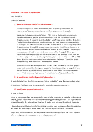 Chapitre II : Les pactes d'actionnaires : 
c'est un contrat. 
Quels sont les types ? 
I) les différents types des pactes d'actionnaires : 
on a deux catégories de pactes d'actionnaires, on a les pactes qui concernent les 
mouvements d'actions et ceux qui concernent le fonctionnement de la société 
les pactes relatifs au mouvement d'actions , l'idée c'est de discipliner les mouvements 
d'actions organiser les sessiosn les transmissions d'actions , on a la préemption dans 
l'hypothèse encas de cession le cédant va d'abord les offrir aux autres membres du pactes , 
c'est la possibilité de préempter , un plafonnement des participations aucun signataire du 
pacte ne peut pas détenir plus de N% du capital, la concertation en cas d'offre publique dans 
l'hypothèse d'une OPA ou OPE on organise uen concertation des différents signataires du 
pacte, possibilité d'avoir une position commune , le droit de suite c'est dans l'hypothèse ou 
on propose des actions à un des membres du pactes celui ci s'engage à obtenir que 
l'acheteur étande sa proposition aux autres signataires , la non agression (stand still) c'est 
une clause qui prévoit que aucun des signataire du pacte ne pourra lancer une OPA ou OPE 
contre la société , clause d'inéliabilité on rend les actions inaliénable c'est mimité dans la 
durée elle oblige les actionnaures à conserver leurs actions 
les pactes relatifs au fonctionnement de la société, c'est la direction de la société , ça peut 
concerner la composition des organes sociaux, la répartition des sièges au CA, prévoir pour 
certaine décision du CA une majorité particulière, on peut prévoir certaine questions qui 
seront débatu au sain du CA, on peut avoir un pacte sur la politique des dividendes 
II) la condition de validité du pacte d'actionnaires : 
le pacte doit etre limité dans le temps, comme c'est un contrat il n'y a pas d'engagement perpétuel 
le pacte peut s'appliquer aussi longtemps que les parties demeureront actionnaires 
III) les effets du pactes d'actionnaires : 
la force juridique : 
- si on ne respecte pas il y a une responsabilité contractuelle, réparation du préjudice et dommage et 
intérêt , ça peut aussi donner lieu à exécution forcé l'engagement de participer à une augmentation 
de capital ou céder des actions, toute violations du pactes peut provoquer la nullité de l'opération 
-résultant de cette violation exemple, le droit de préemption n'est pas respecter la vente des actions 
est nulle il faut démonteer la fraude le tiers doit connaître le pacte, colusion frauduleuse 
-le pacte est inférieur aux statut, les décisions de la société qui sont conforme aux statuts même si 
elles ne sont pas conforme au pacte ne pourront pas etre annulé 
12 
 