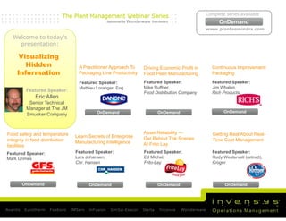 Complete series available
                                                                                                   OnDemand
                                                                                             www.plantseminars.com

  Welcome to today’s
    presentation:

    Visualizing
       Hidden                     A Practitioner Approach To    Driving Economic Profit in      Continuous Improvement:
    Information                   Packaging Line Productivity   Food Plant Manufacturing        Packaging
                                  Featured Speaker:             Featured Speaker:               Featured Speaker:
                                  Mathieu Loranger, Eng         Mike Ruffner,                   Jim Whalen,
         Featured Speaker:                                      Food Distribution Company       Rich Products
             Eric Allen
          Senior Technical
         Manager at The JM
                                           OnDemand                   OnDemand                        OnDemand
         Smucker Company



Food safety and temperature                                     Asset Reliability —             Getting Real About Real-
                                 Learn Secrets of Enterprise    Get Behind The Scenes
integrity in food distribution   Manufacturing Intelligence                                     Time Cost Management
facilities                                                      At Frito Lay
Featured Speaker:                Featured Speaker:              Featured Speaker:               Featured Speaker:
Mark Grimes                      Lars Johansen,                 Ed Michel,                      Rudy Westervelt (retired),
                                 Chr. Hansen                    Frito-Lay                       Kroger



       OnDemand                        OnDemand                       OnDemand                        OnDemand
 