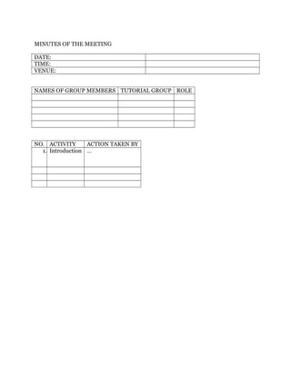 MINUTES OF THE MEETING
DATE:
TIME:
VENUE:
NAMES OF GROUP MEMBERS TUTORIAL GROUP ROLE
NO. ACTIVITY ACTION TAKEN BY
1. Introduction …
 