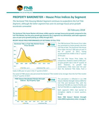 PROPERTY BAROMETER – House Price Indices by Segment
The Sectional Title Housing Market Segment continues to outperform the Full Title
Segment, although the latter segment has seen its average house price growth
accelerate somewhat
26 February 2018
The Sectional Title Home Market still shows mildly superior average house price growth compared to the
Full Title Market, but the price growth gap between the 2 segments has diminished, with both segments’
year-on-year price growth picking up mildly through 2017.
RECENT HOUSE PRICE PERFORMANCES OF SECTIONAL VS FULL TITLE
The FNB Sectional Title House Price Index
has remained at a faster growth rate than
Full Title of late. The Sectional Title House
Price Index rose by 5.18% year-on-year in
the 4th
quarter of 2017, having
accelerated from 4.96% in the 1st
quarter
of the year.
The Full Title House Price Index, by
comparison, showed a slower 3.95% year-
on-year growth rate in the 4th
quarter of
2017. However, its growth had
accelerated a little more over the year
than the Sectional Title Index, from a
lowly 3.18% year-on-year in the 1st
quarter of 2017.
Our panel of FNB valuers also perceived the Sectional Title market to be stronger than the Full Title market
in the 4th
quarter of 2017.
This perception is reflected in our FNB
Valuers Market Strength Indices (MSI) for
Full Title and Sectional Title, with the
Sectional Title MSI at a level of 50.90, and
the Full Title MSI on a slightly lower 50.41.
Both segment’s MSI’s had started to
strengthen slightly in recent quarters,
though.
Note: FNB Valuers’ Market Strength
Index (MSI) explanatory notes on page 4.
 