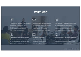 We continuously expand our program
offerings. Any programs that will
nurture, elevate, and connect
professionals with better outcomes.
COMPREHENSIVE PROGRAM OPTIONS
We carefully selected our facilitating
team with our own unique criteria to
ensure quality program delivery and
client experience in any of our programs.
PROFESSIONAL & QUALIFIED FACILITATORS
Our business is focused on T&D
programs only. We dedicate our lives
on this professional development
field only. No side businesses.
SPECIALIST IN TRAINING & DEVELOPMENT
We build our own elearning system to
ensure your learning journey
continues long after our class.
We truly believe that our programs are
more than our classroom delivery. It goes
beyond that. An experience of itself.
Our team are dedicated professionals
in T&D management field. We are very
passionate in T&D & Learning fields.
ELEARNING SUPPORTED FRIENDLY STAFFS & LEARNING EXPERIENCEPROFESSIONAL TEAM & MANAGEMENT
WHY US?
FOSTER & BRIDGE INDONESIA
 