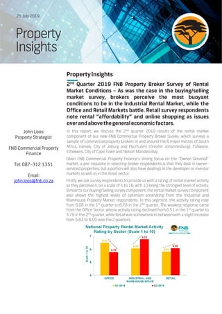PropertyInsights
2nd
Quarter 2019 FNB Property Broker Survey of Rental
Market Conditions – As was the case in the buying/selling
market survey, brokers perceive the most buoyant
conditions to be in the Industrial Rental Market, while the
Office and Retail Markets battle. Retail survey respondents
note rental “affordability” and online shopping as issues
overandabovethegeneraleconomicfactors.
In this report, we discuss the 2nd
quarter 2019 results of the rental market
component of our new FNB Commercial Property Broker Survey, which surveys a
sample of commercial property brokers in and around the 6 major metros of South
Africa, namely, City of Joburg and Ekurhuleni (Greater Johannesburg), Tshwane,
Ethekwini, City of Cape Town and Nelson Mandela Bay.
Given FNB Commercial Property Finance’s strong focus on the ‘‘Owner-Serviced’’
market, a pre-requisite in selecting broker respondents is that they deal in owner-
serviced properties, but a portion will also have dealings in the developer or investor
markets as well as in the listed sector.
Firstly, we ask survey respondents to provide us with a rating of rental market activity
as they perceive it, on a scale of 1 to 10, with 10 being the strongest level of activity.
Similar to our Buying/Selling survey component, the rental market survey component
also shows the highest levels of optimism emanating from the Industrial and
Warehouse Property Market respondents. In this segment, the activity rating rose
from 6.08 in the 1st
quarter to 6.78 in the 2nd
quarter. The weakest response came
from the Office Sector, whose activity rating declined from 6.51 in the 1st
quarter to
5.79 in the 2nd
quarter, while Retail was somewhere in between with a slight increase
from 5.83 to 6.09 over the 2 quarters.
25 July 2019
Property
Insights
John Loos:
Property Strategist
FNB Commercial Property
Finance
Tel: 087-312 1351
Email:
john.loos@fnb.co.za
John Loos:
Property Strategist
FNB Commercial Property
Finance
Tel: 087-312 1351
Email:
john.loos@fnb.co.za
 