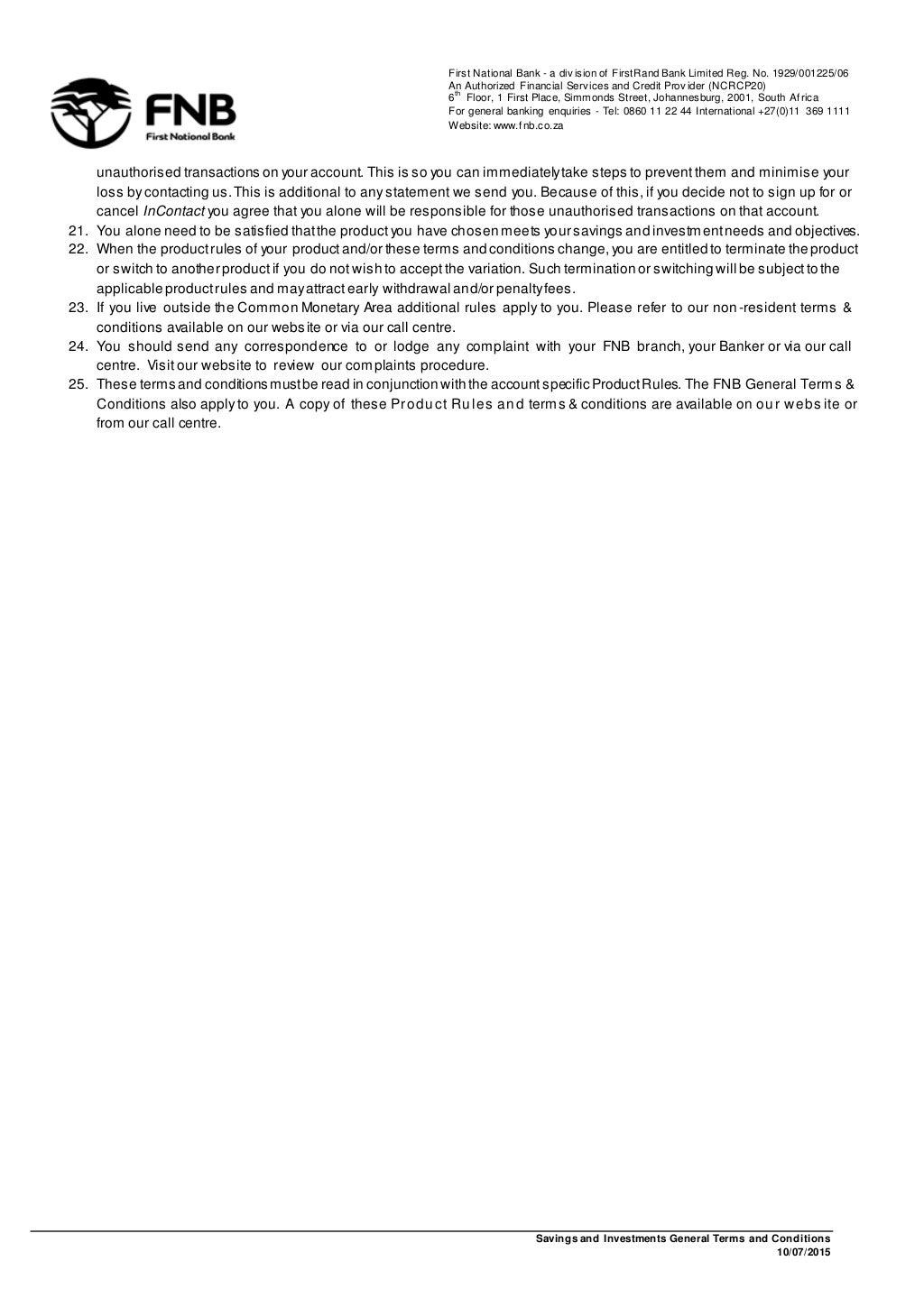 Fnb savings and investment account general terms and conditions