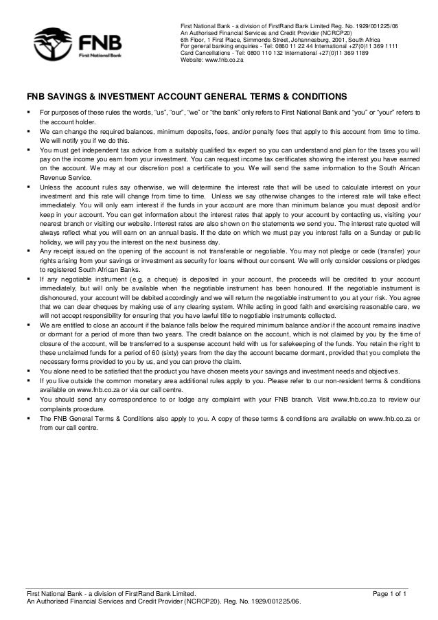 Fnb savings & investment account general ts&cs