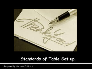 Standards of Table Set up
Prepared by: Rhodora D. Lintot
 