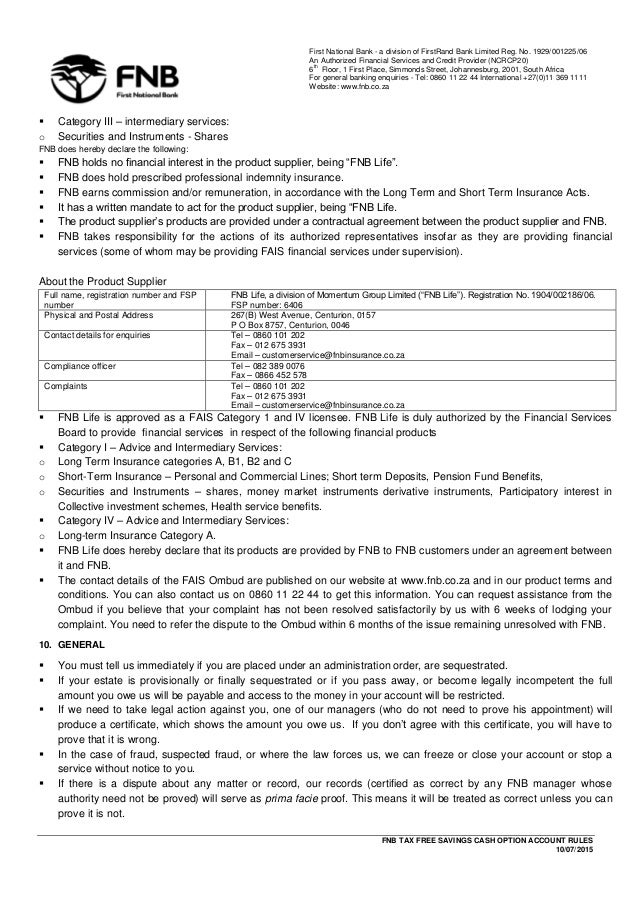 Fnb tax free cash deposit and taxfree shares general