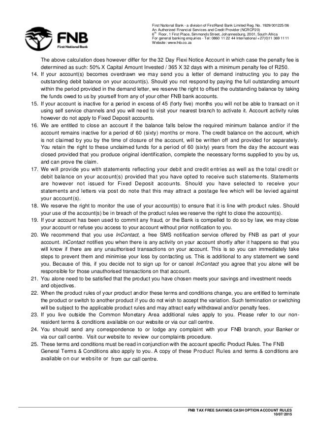 Fnb tax free cash deposit and taxfree shares general terms and condi…