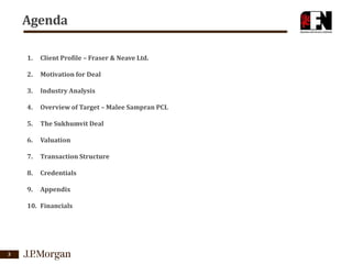 Agenda
1.

Client Profile – Fraser & Neave Ltd.

2.

Motivation for Deal

3.

Industry Analysis

4.

Overview of Target – Malee Sampran PCL

5.

The Sukhumvit Deal

6.

Valuation

7.

Transaction Structure

8.

Credentials

9.

Appendix

10. Financials

3

 