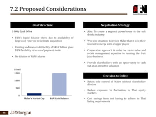 7.2 Proposed Considerations
Deal Structure
100% Cash Offer

Negotiation Strategy
• Aim: To create a regional powerhouse in the soft
drinks industry

• F&N’s liquid balance sheet, due to availability of
large cash reserves to facilitate acquisition
• Existing undrawn credit facility of S$3.2 billion gives
F&N flexibility in terms of payment mode
• No dilution of F&N’s shares

• Win-win situation: Convince Malee that it is in their
interest to merge with a bigger player
• Cooperative approach in order to create value and
retain management expertise in running the fruit
juice business
• Provide shareholders with an opportunity to cash
out at an attractive valuation

S$ mil
1500

Decision to Delist

1000

• Retain sole control of Malee without shareholder
dilution

500

• Reduce exposure to fluctuation in Thai equity
markets

0
Malee's Market Cap

48

F&N Cash Balance

• Cost savings from not having to adhere to Thai
listing requirements

 