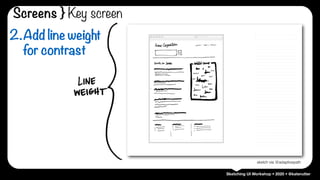 Sketching UI Workshop • 2020 • @katerutter
sketch via @adaptivepath
2.Add line weight
for contrast
Screens } Key screen
 
